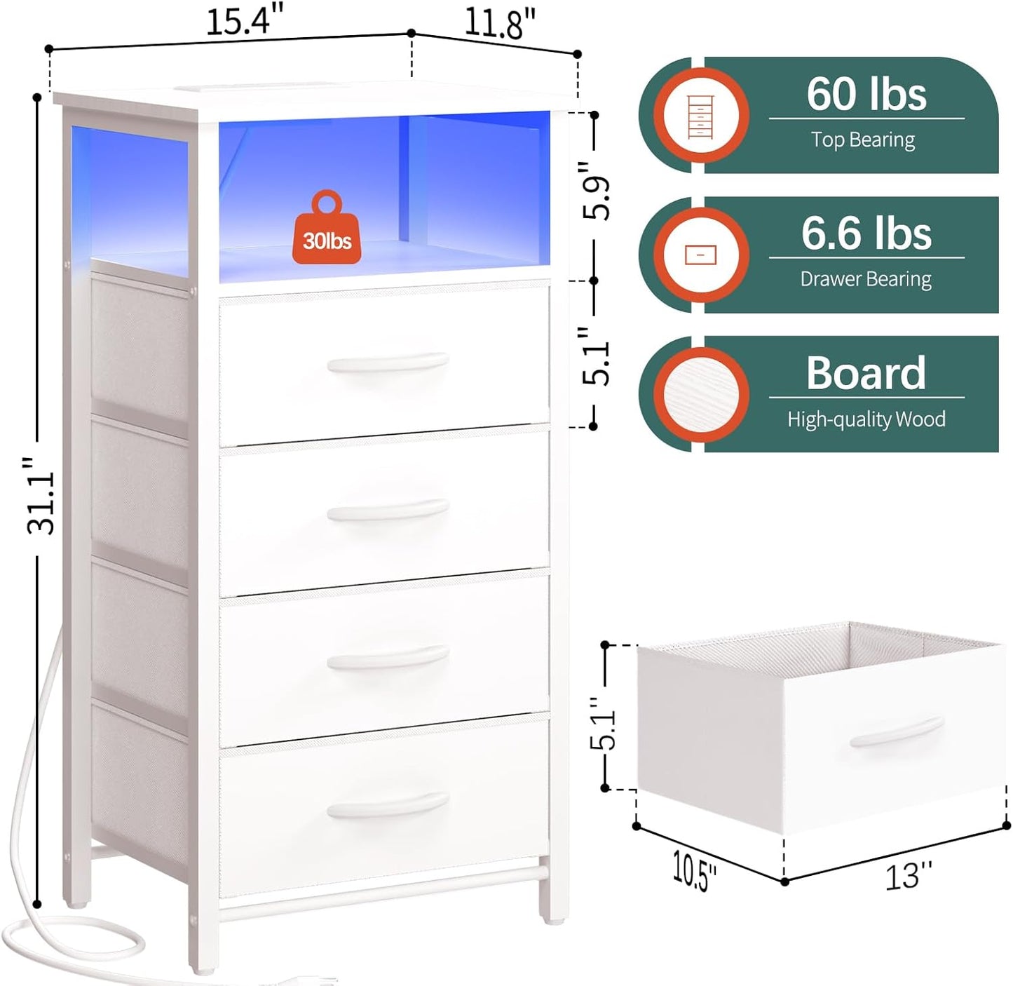 Tall white nightstand with LED lighting for dorm room with drawers, and charging ports - showing dimensions. 