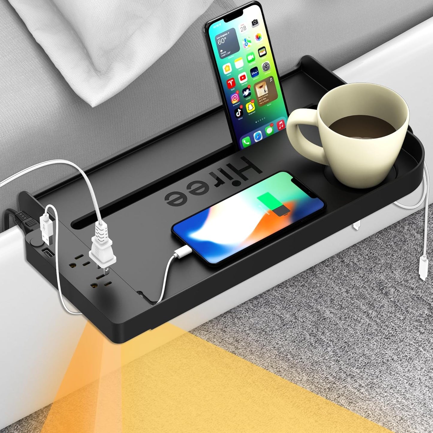 Clip on charging bedside shelf for dorm bed