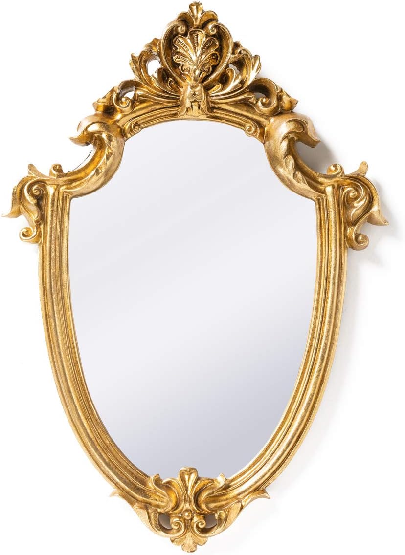 Ornate gold wall mirror with baroque detailing, styled for glam dorm or vanity décor