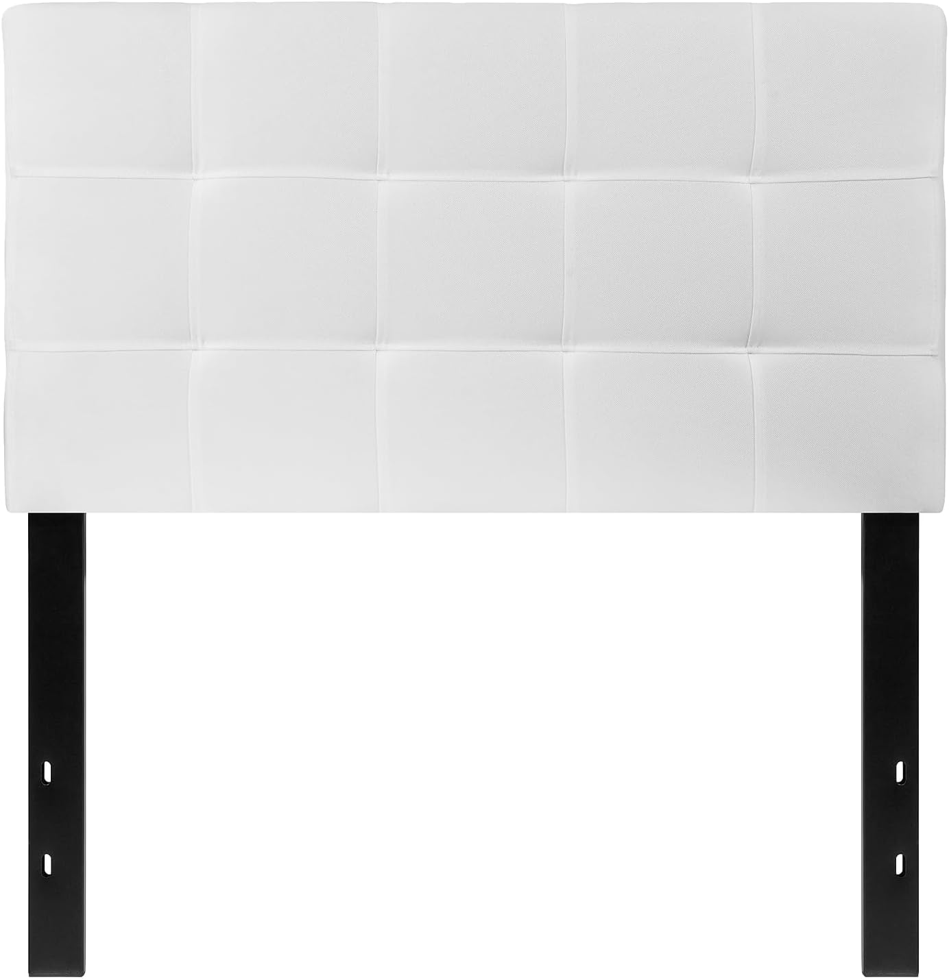 White quilted headboard with black metal legs on a white background