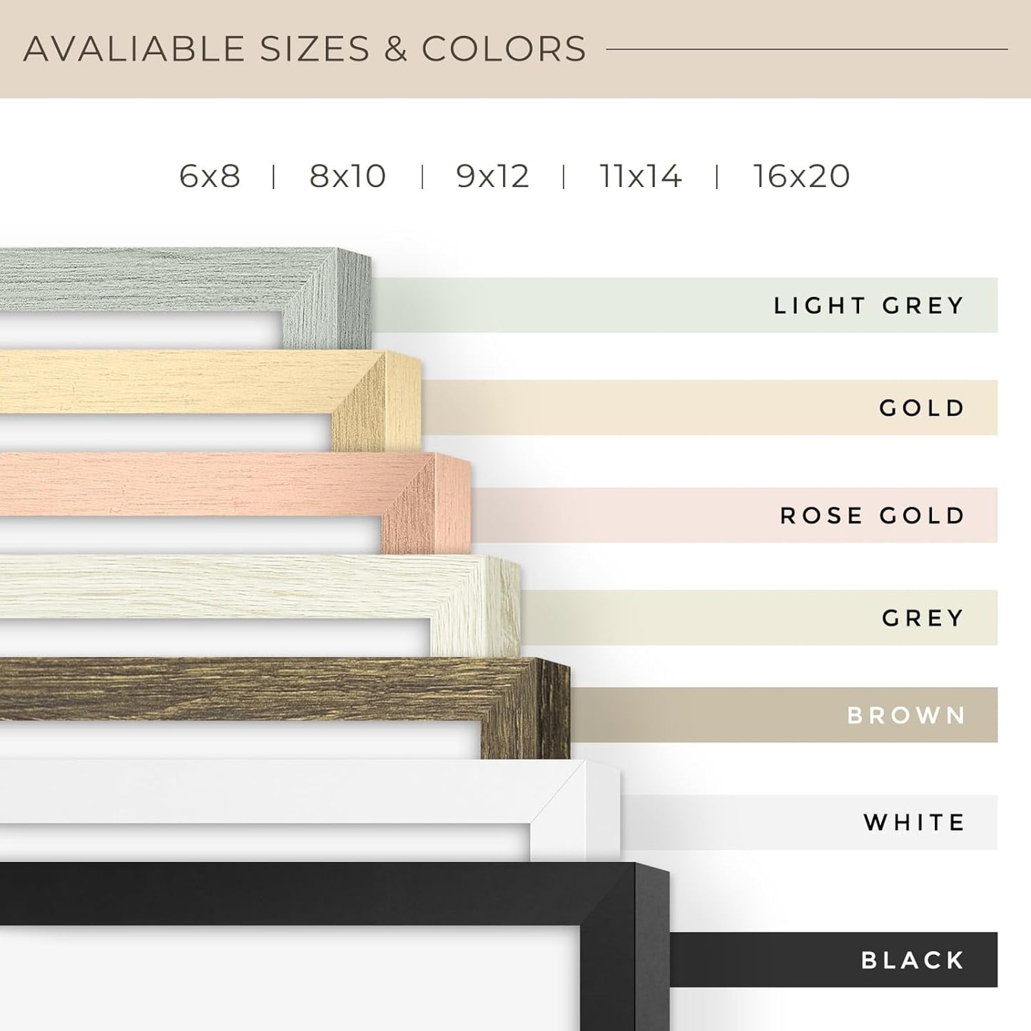 Collection of photo frames in various sizes and colors for dorm decor