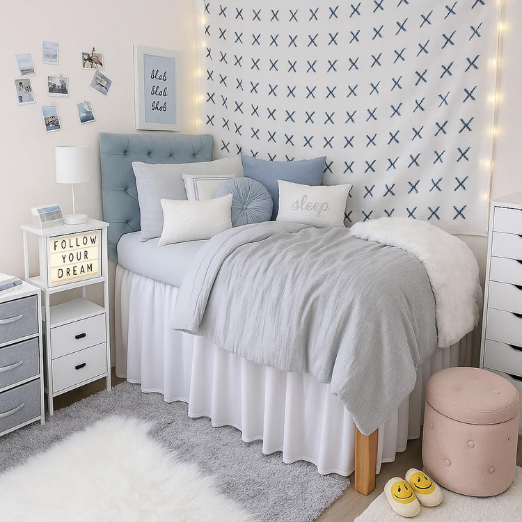 Throw blankets, throw pillows, & dust ruffles for dorm decor