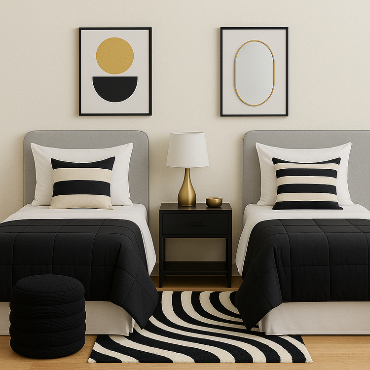 Stylish dorm room setup featuring decorative pillows, wall prints, soft lighting, and cozy bedding