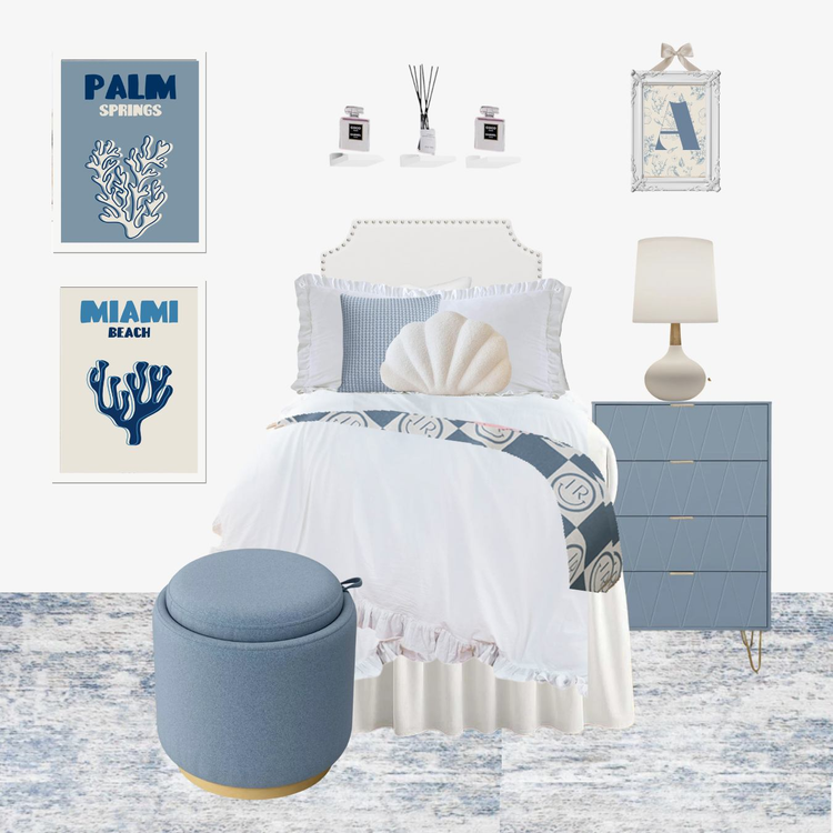 Coastal inspired dorm decor, blue tones and beachy vibes for your dorm aesthetic.