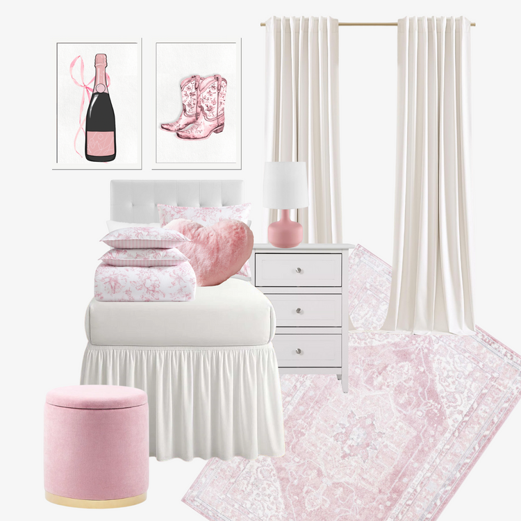 Cottage core styled dorm decor mood board with a pink floral aesthetic. 