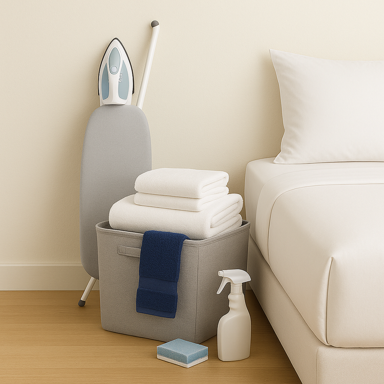 Dorm kitchen and laundry supplies on display including mini appliances, storage containers, detergent, and paper towels