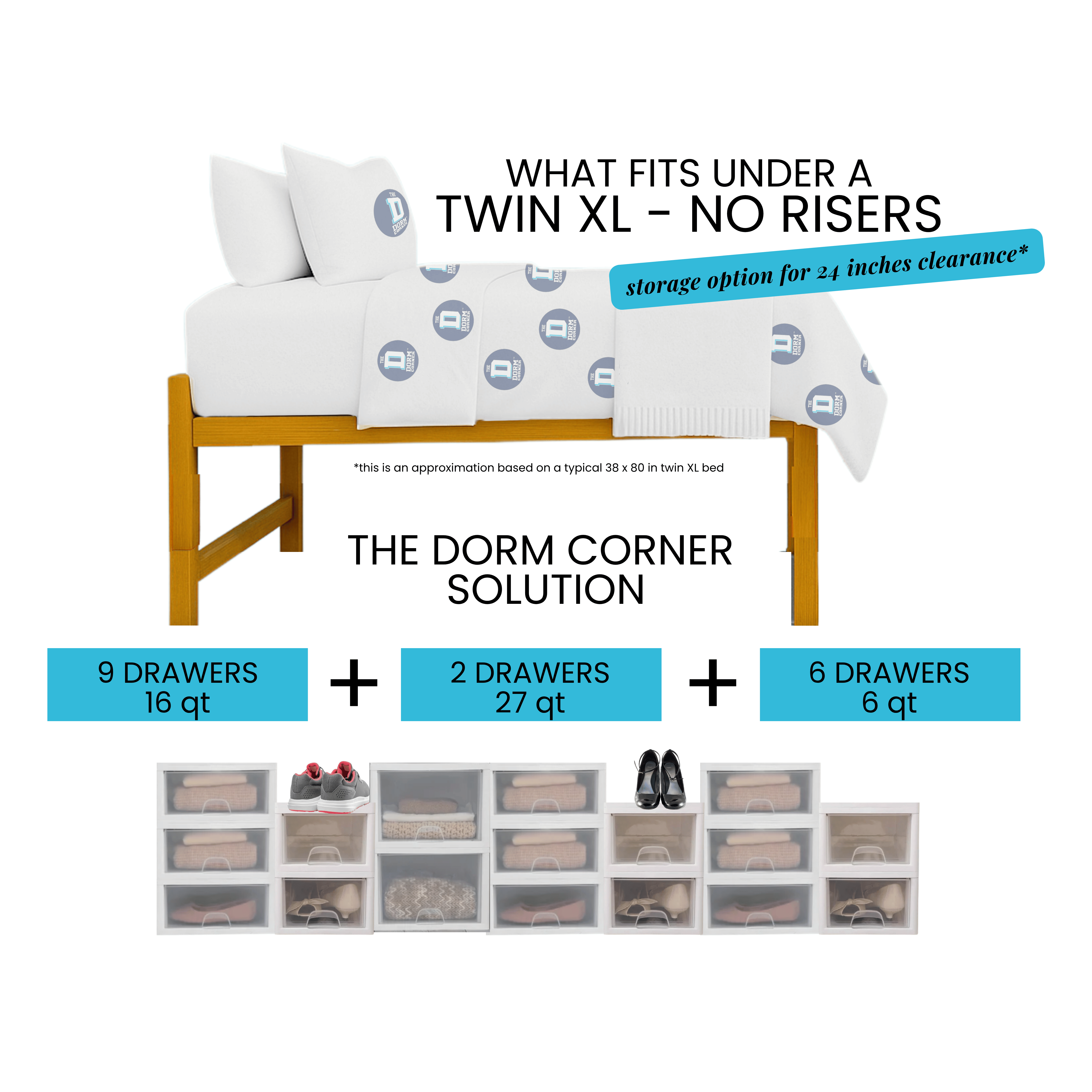 UNDER BED STORAGE WITH RISERS: 24 Inches – The College & Dorm Corner