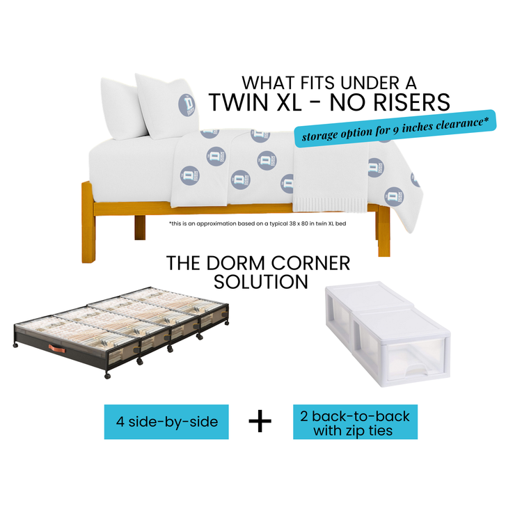 under bed storage solution for dorm bed with no risers