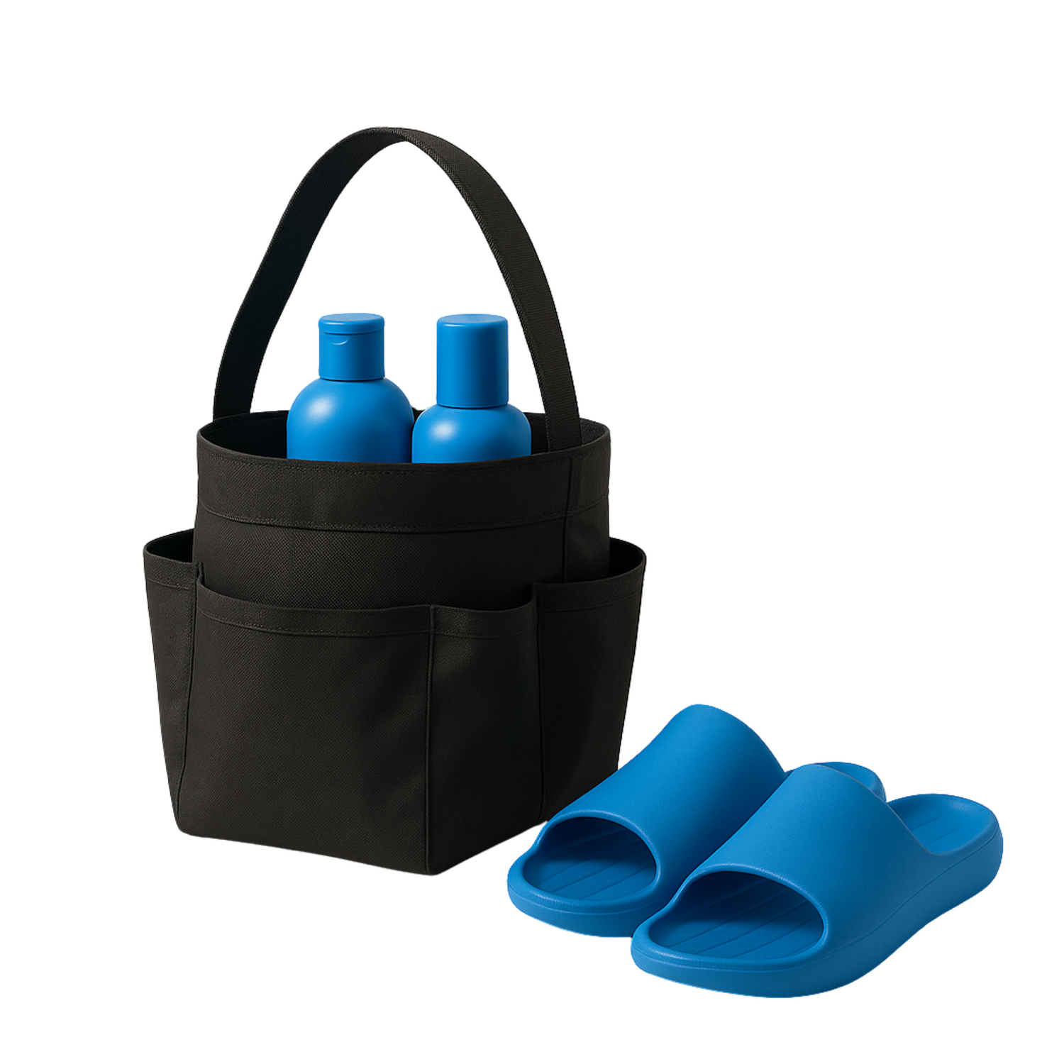 Dorm shower essentials with a shower caddy and shower shoes, shown in a bathroom