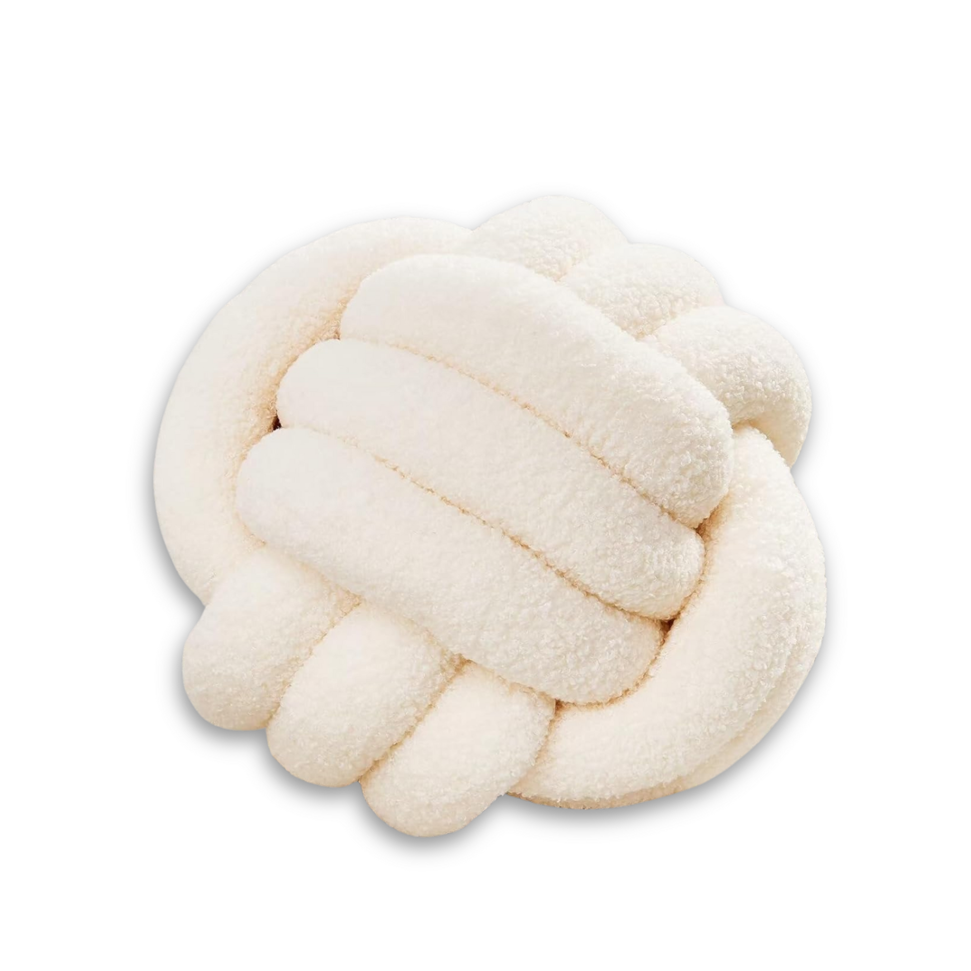 Ivory round velvet knot throw pillow in a sculptural twisted design on a dorm bed.