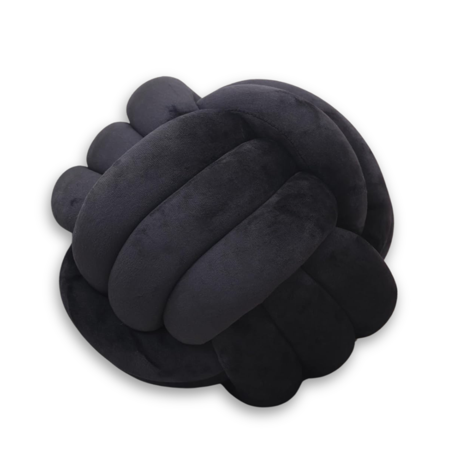 Black round velvet knot throw pillow in a sculptural twisted design on a dorm bed.