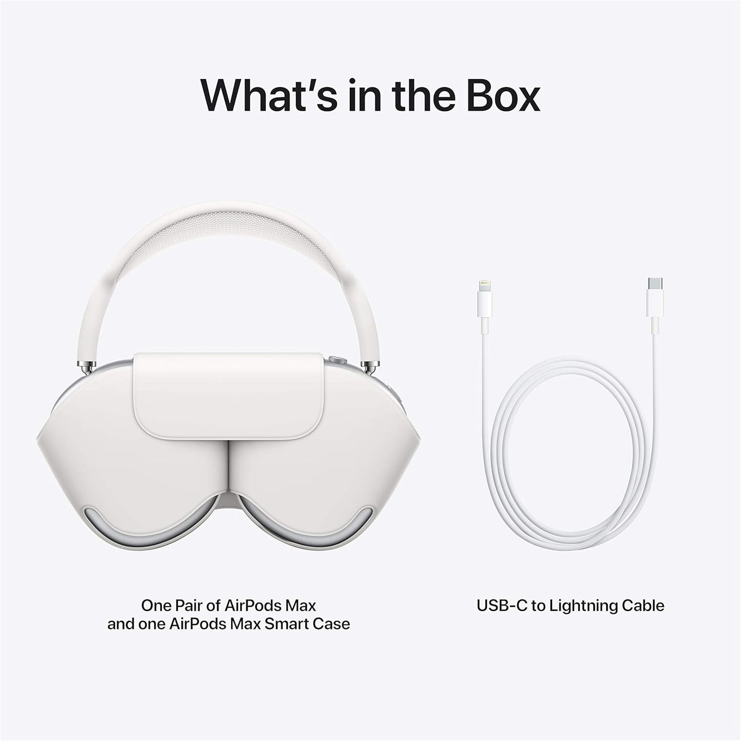 Apple AirPods Max headphones in silver, perfect for college shown with what is in the box. 