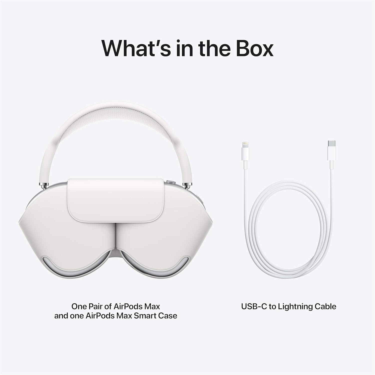 Apple AirPods Max headphones in silver, perfect for college shown with what is in the box. 