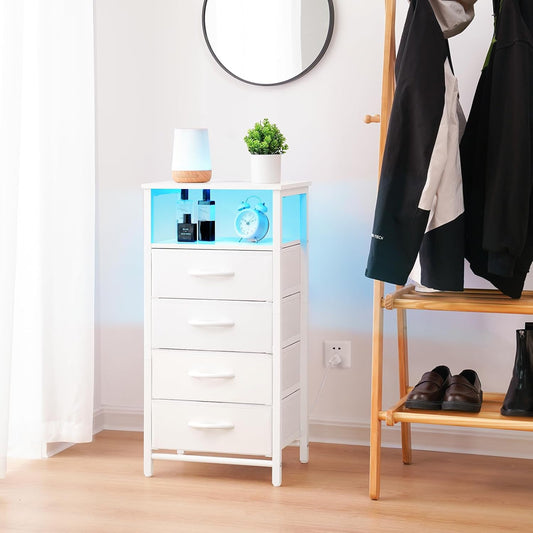 Tall white dorm nightstand with LED lighting, drawers, and charging ports. ￼