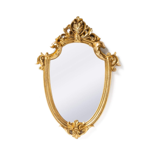 Ornate gold wall mirror with baroque detailing, styled for glam dorm or vanity décor