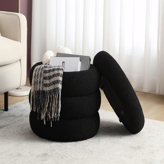 Round storage ottoman showing items fitting into it