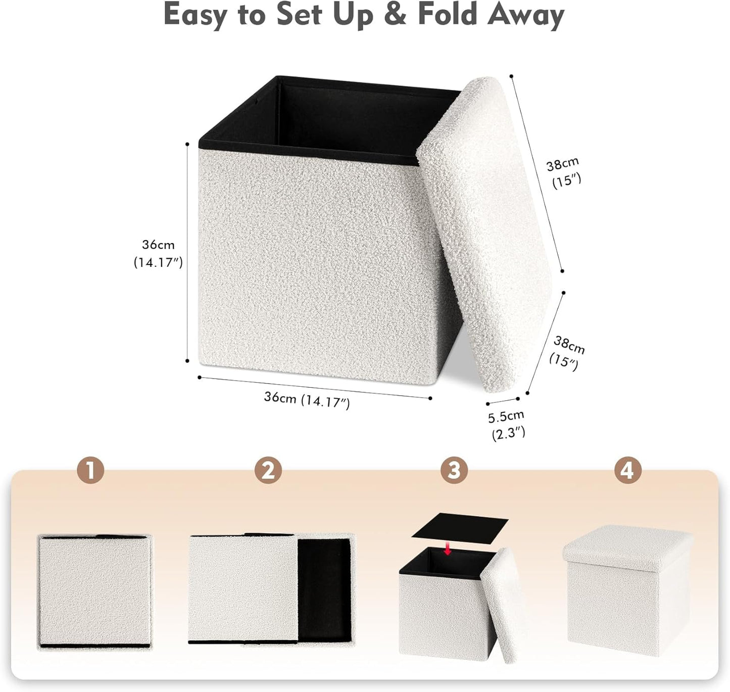 Square collapsible storage ottoman for dorm decor shown with measurements.