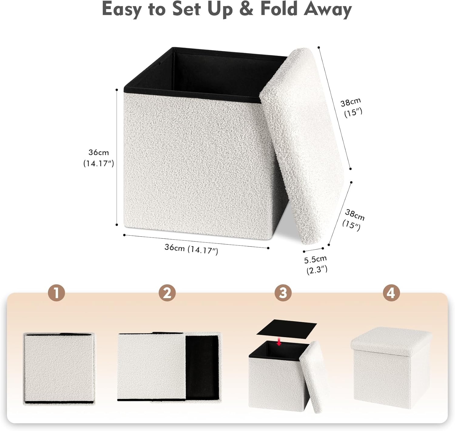 Square collapsible storage ottoman for dorm decor shown with measurements.