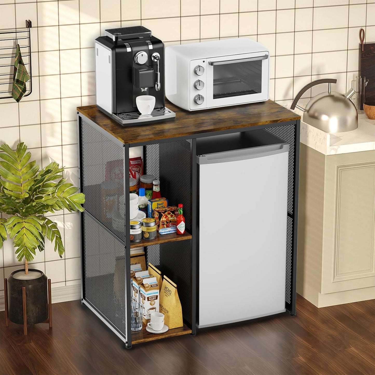 Mini fridge organizer station with wood top, side shelves for pantry items, and a microwave and coffee machine on top perfect for dorm living.