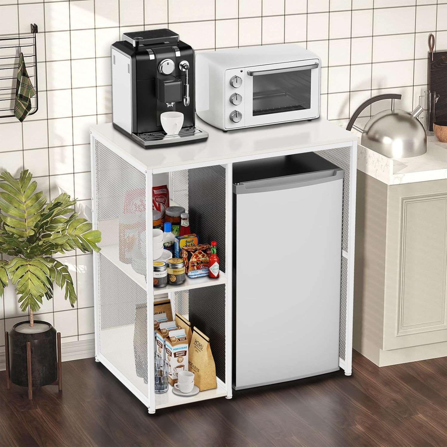 Mini fridge organizer station with wood top, side shelves for pantry items, and a microwave and coffee machine on top perfect for dorm living.
