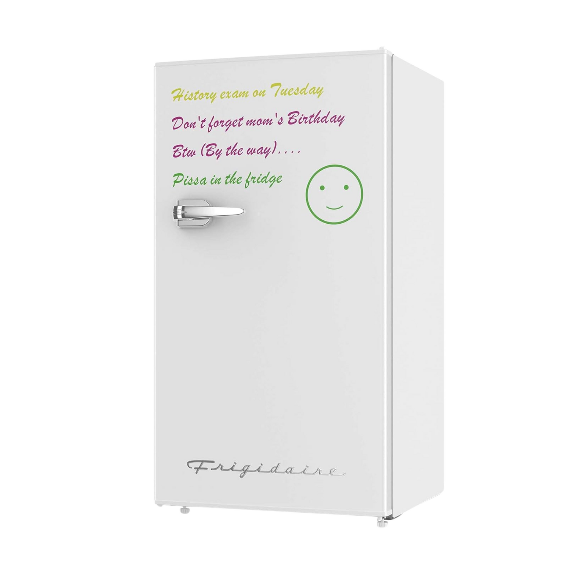 White Frigidaire mini fridge with a dry-erase front featuring handwritten reminders and a smiley face, ideal for dorms.