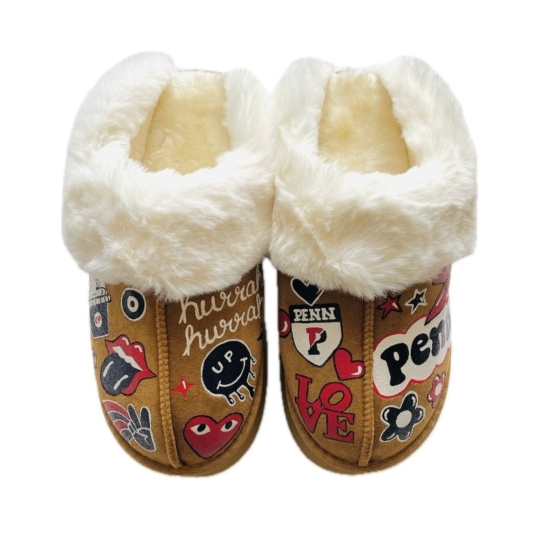 Pair of slippers with white fur lining and college designs 