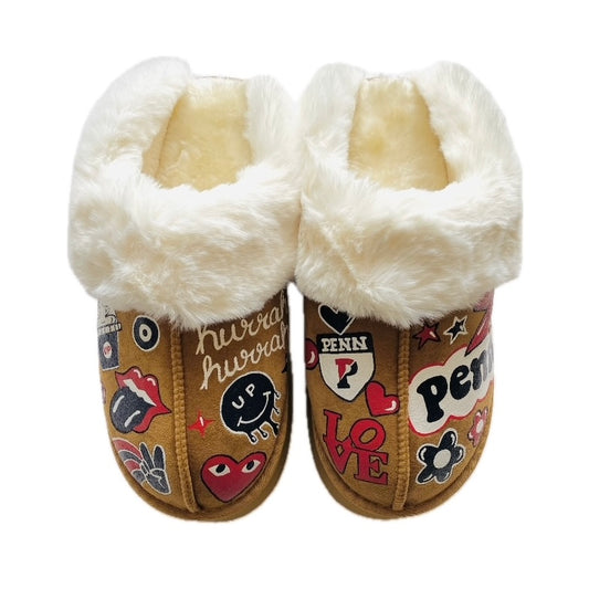 Pair of slippers with white fur lining and college designs 