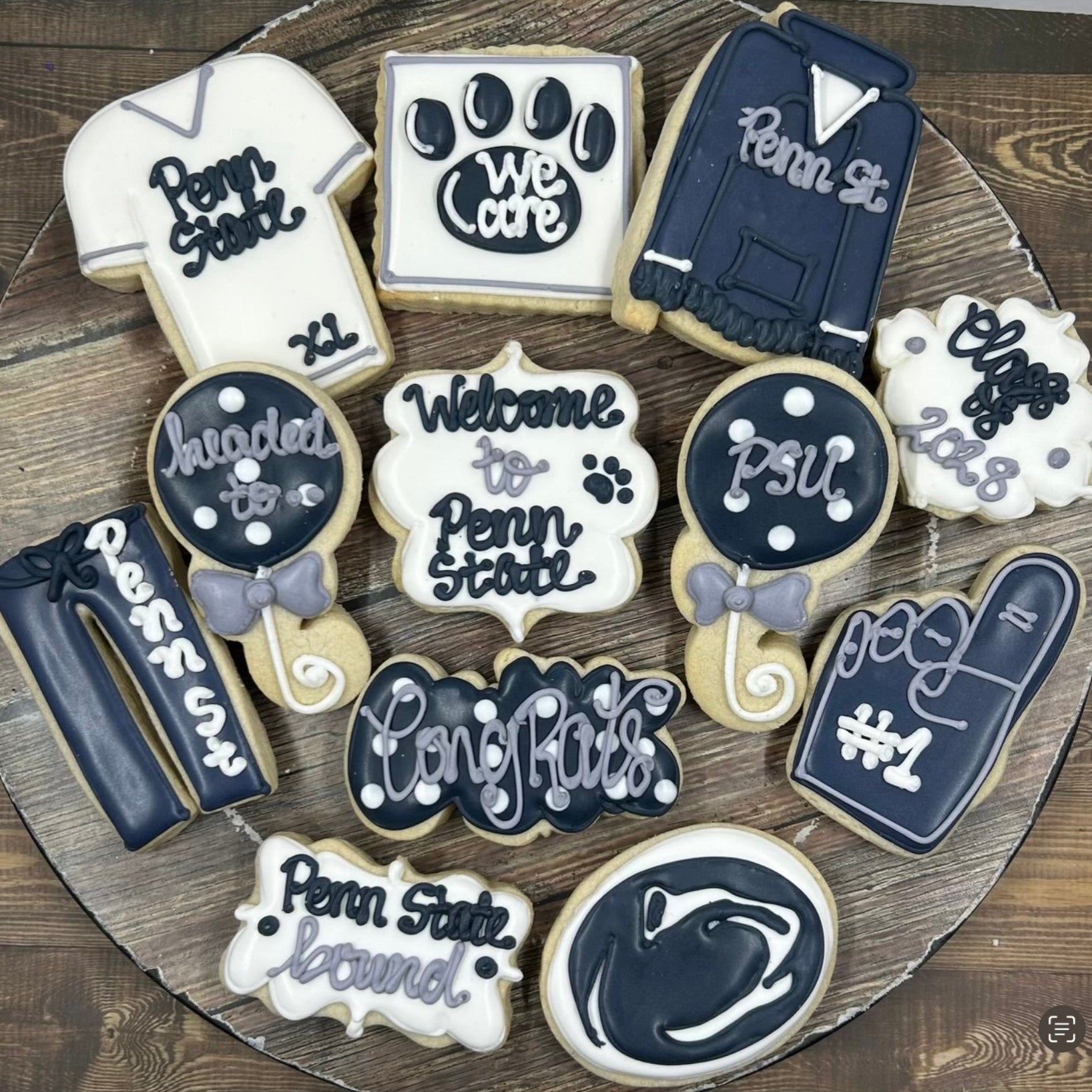 Collection of decorative cookies with college designs 