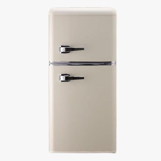 Beige refrigerator with chrome handles on a white background
