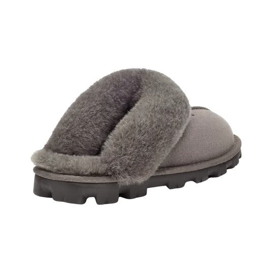 Gray Ugg slipper with fuzzy texture perfect for dorm and even for class