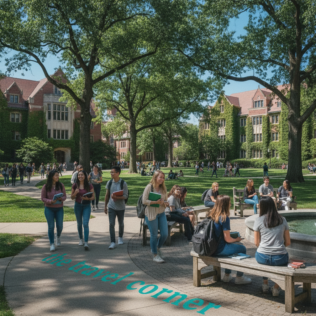 Campus with diagonal teal text