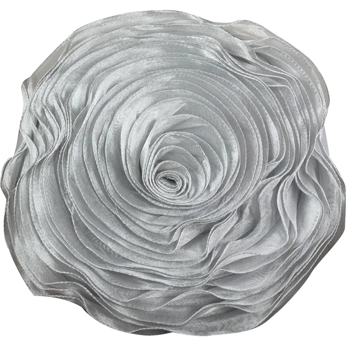 Round silver rose throw pillow with layered satin petals on a cream armchair, perfect for glam or coquette dorm décor