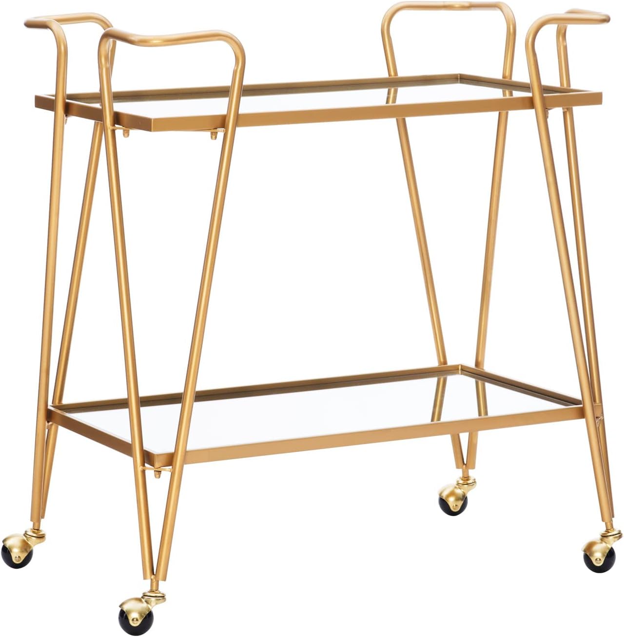 Gold metal bar cart with wheels. Gold dorm or apartment accessory