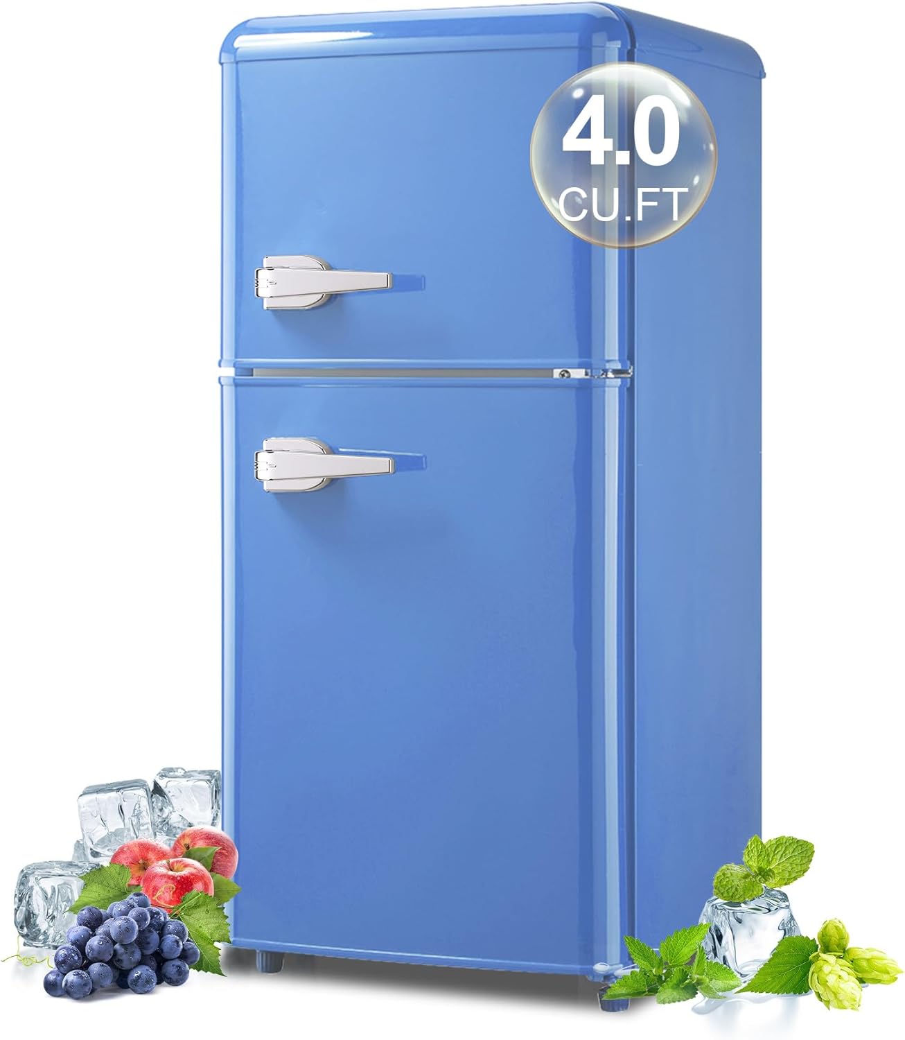 Blue, 2-door,  retro mini refrigerator for dorm rooms.