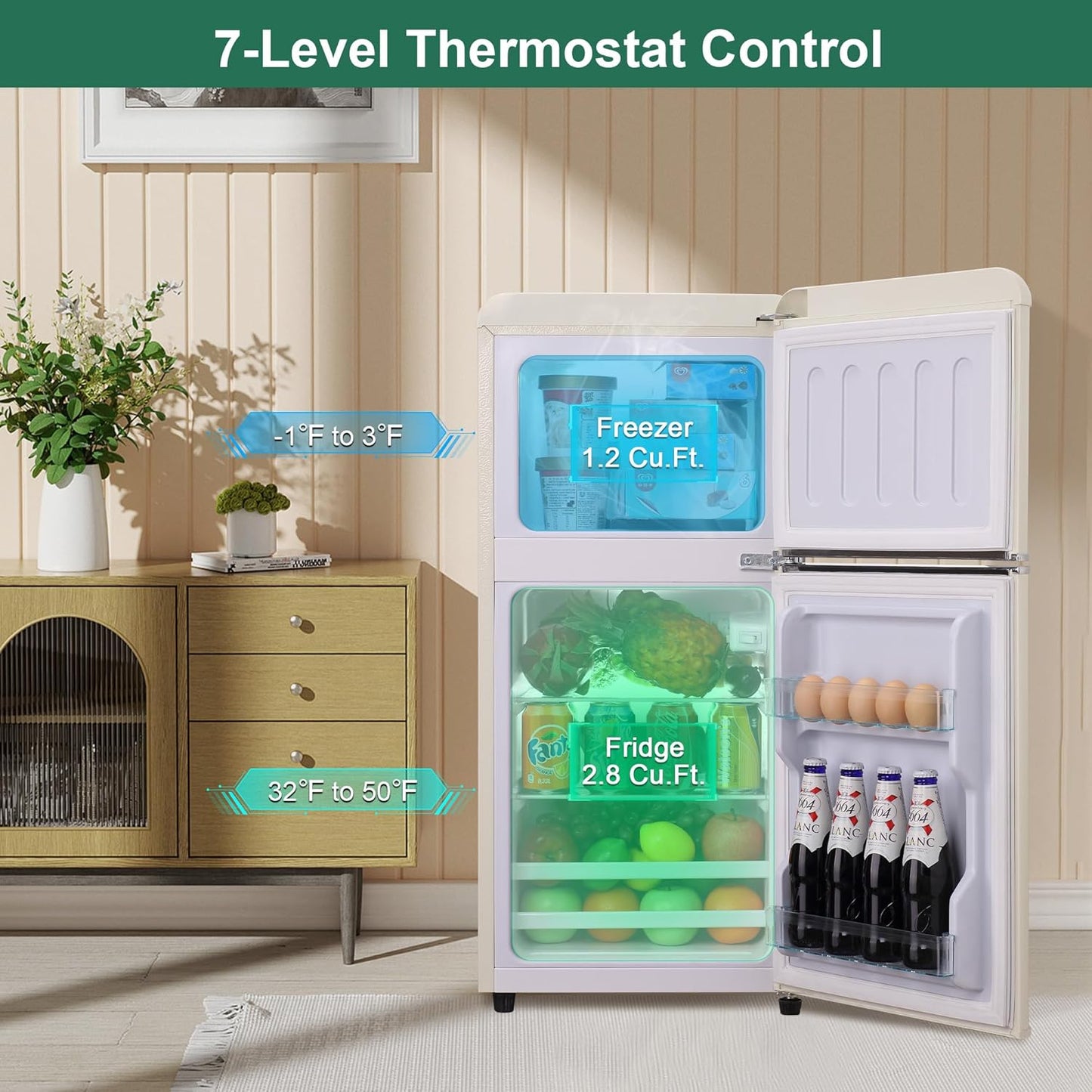 Small refrigerator with open door showing interior compartments and 7-level thermostat control text.