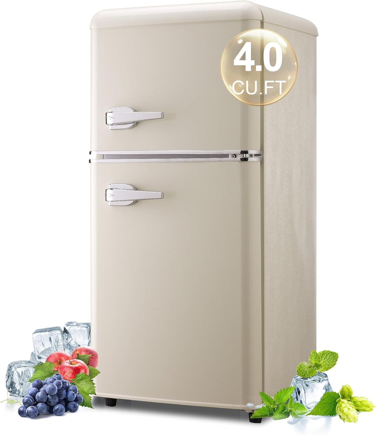 Beige, 2-door,  retro mini refrigerator for dorm rooms.