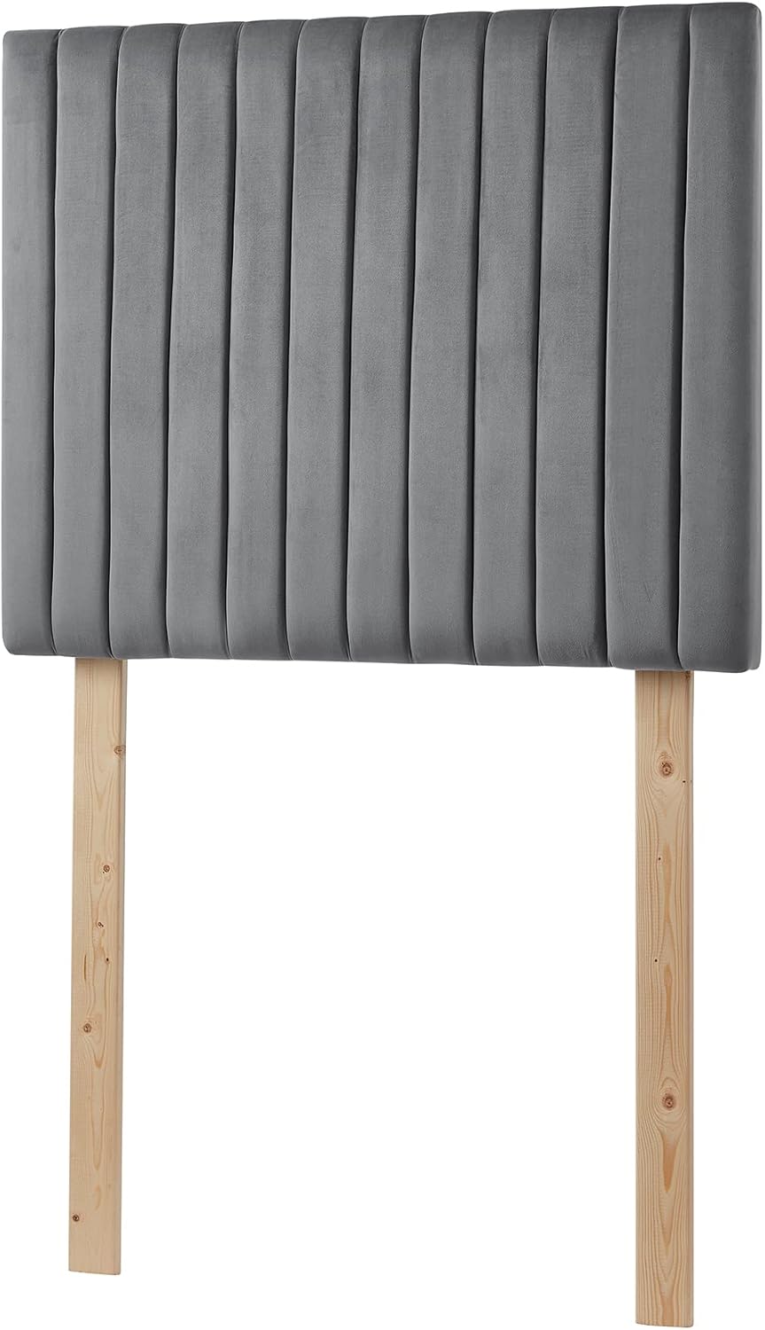 Gray upholstered velvet headboard with wooden legs perfect for dorm decor
