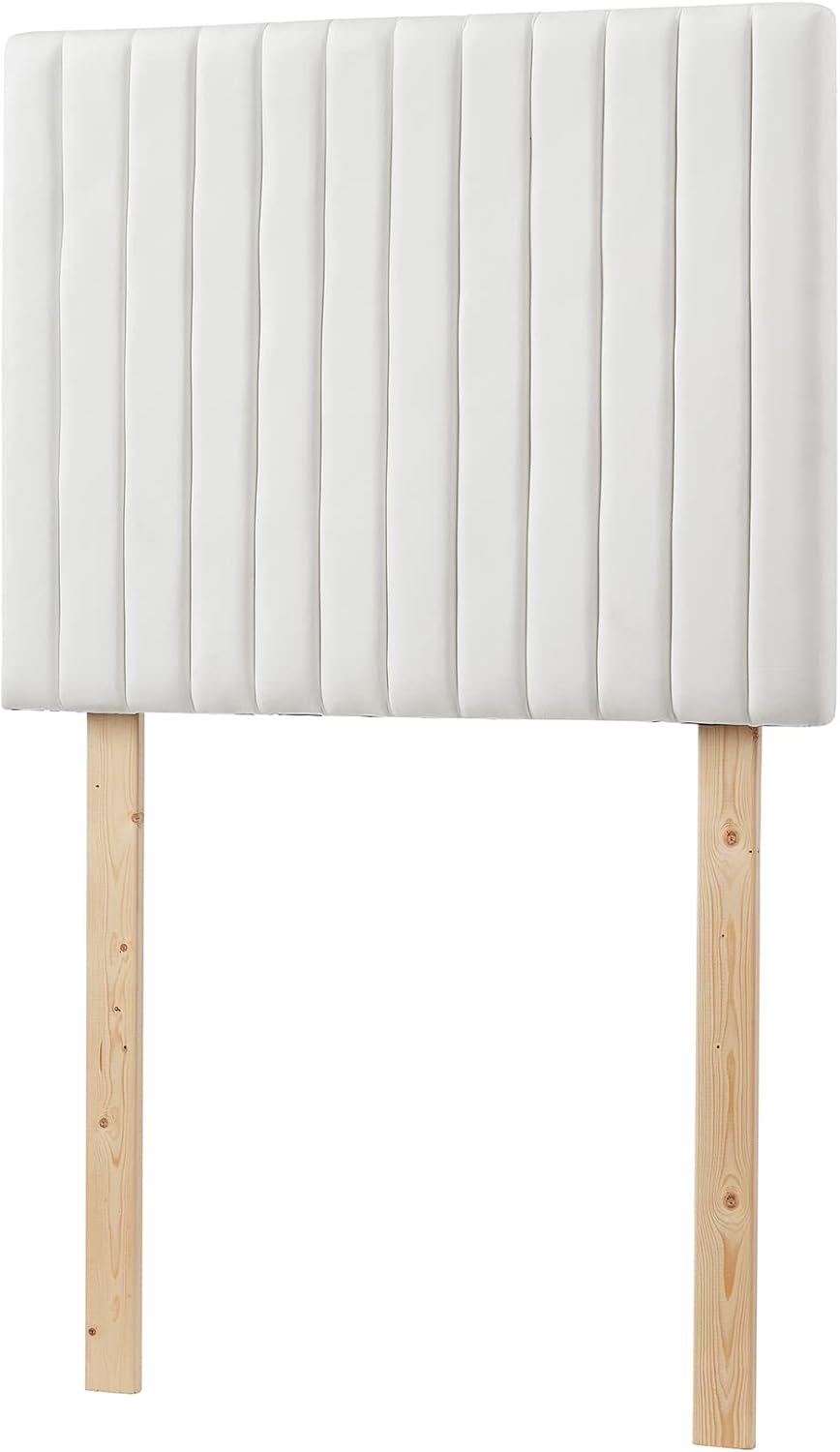 White upholstered velvet headboard with wooden legs perfect for dorm decor