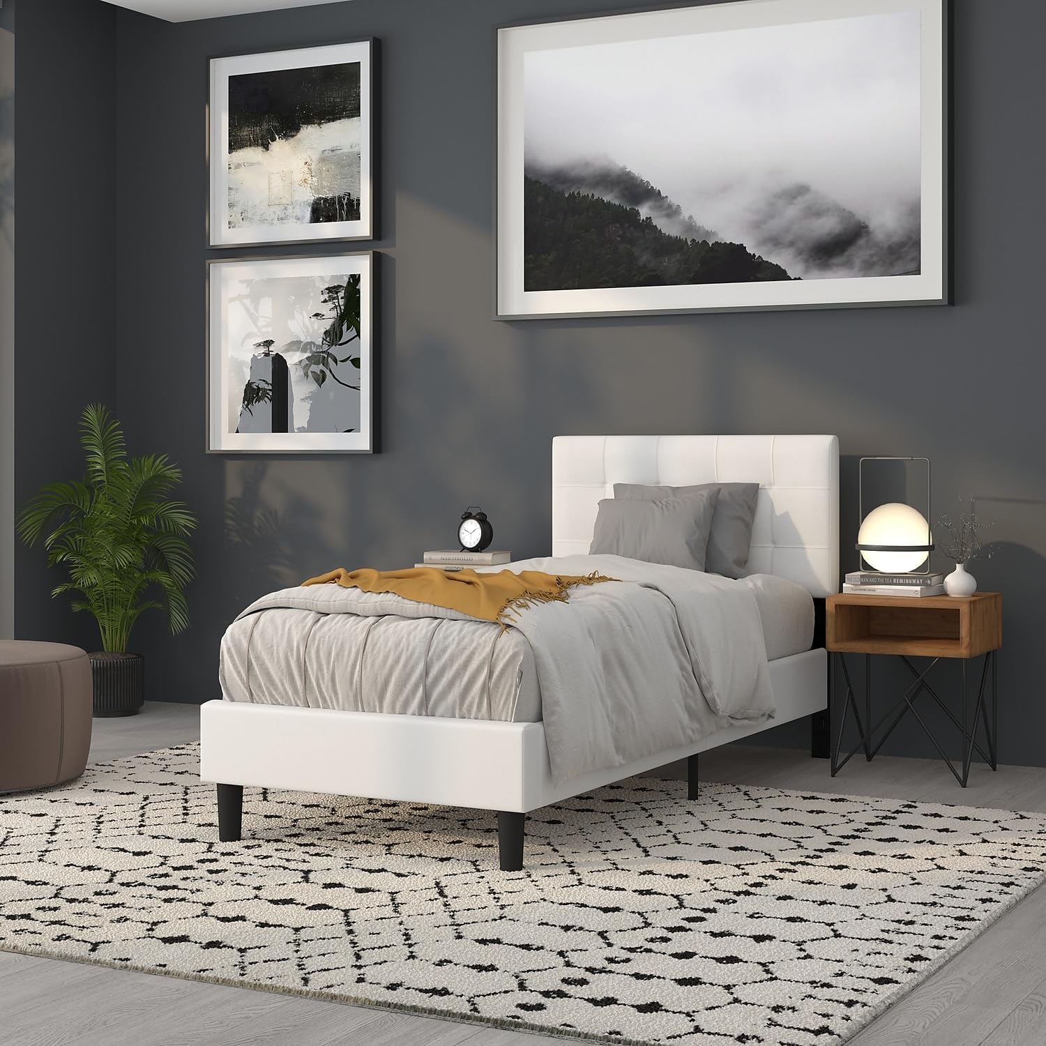 White Tufted Upholstered Twin Headboard for dorm decor shown on a twin bed in bedroom