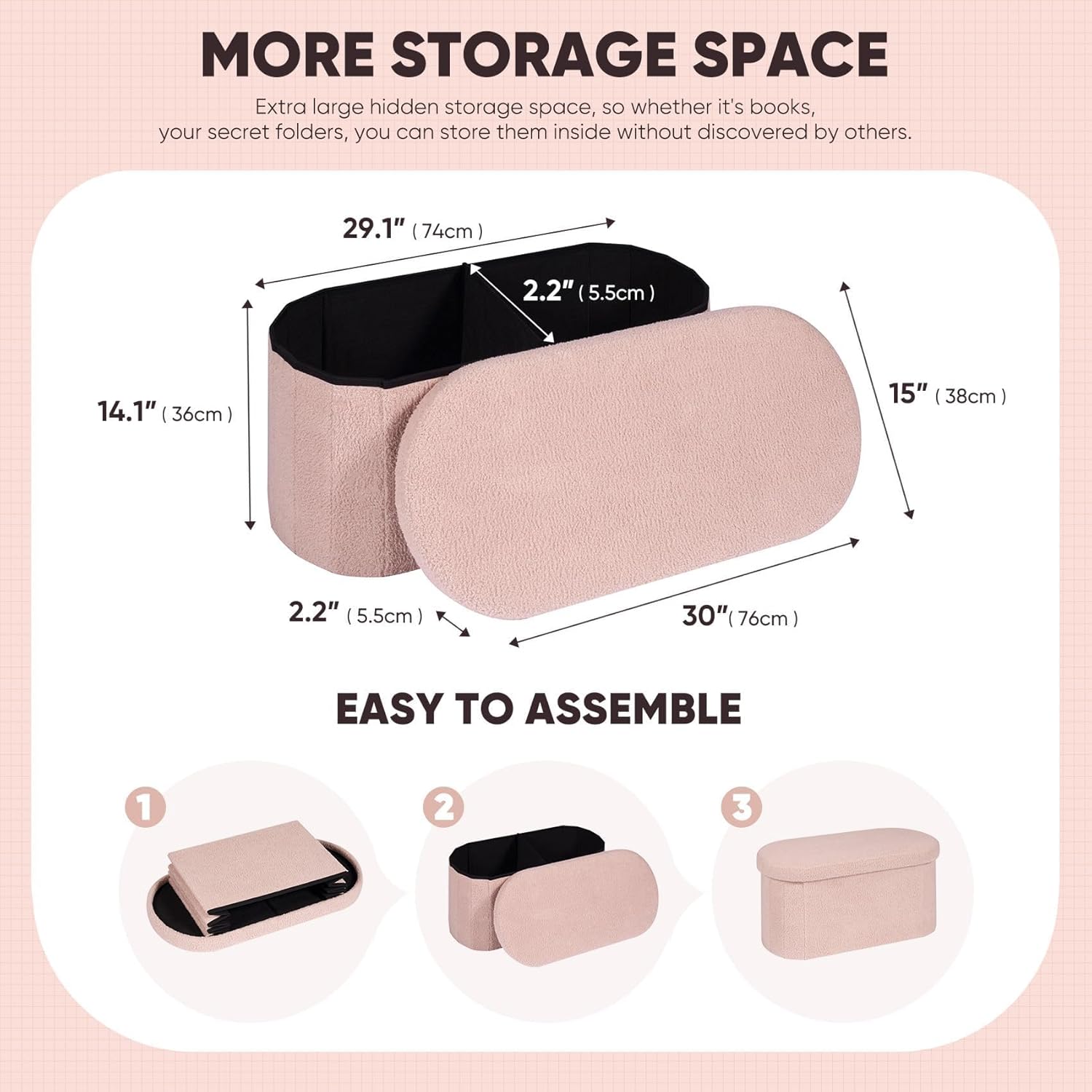 Oval dorm ottoman in pink with measurements