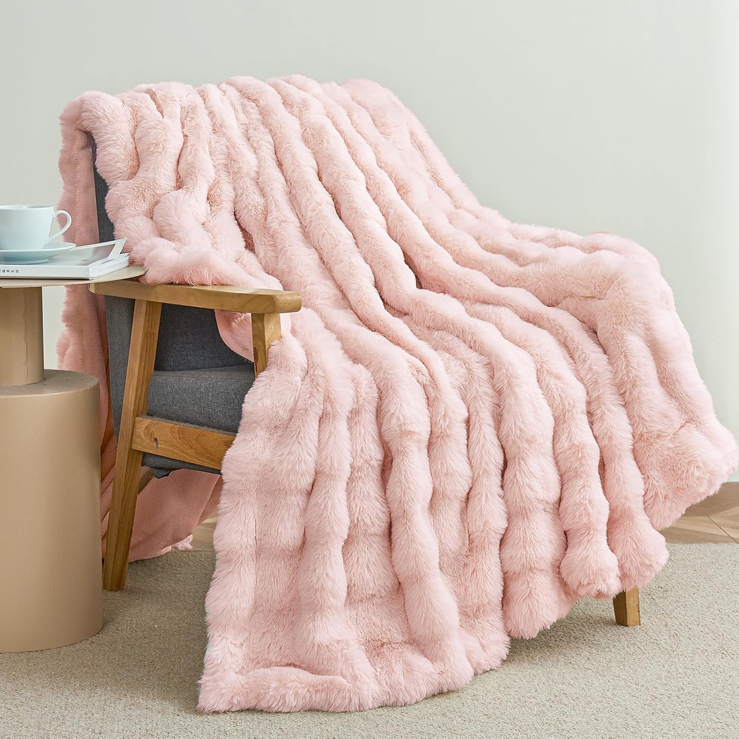 faux rabbit dorm throw blanket in pale pink blush