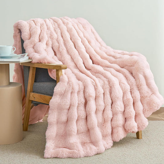 faux rabbit dorm throw blanket in pale pink blush
