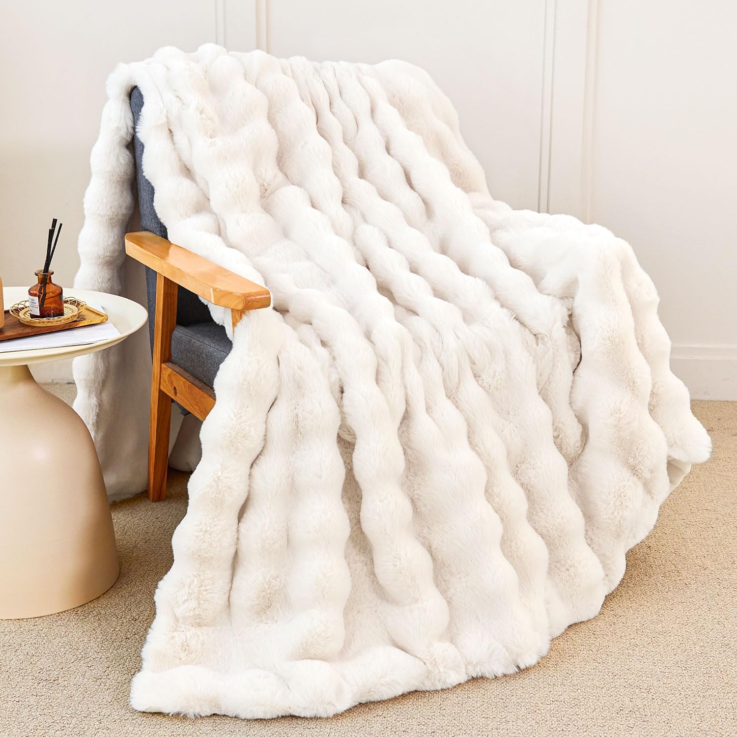 faux rabbit dorm throw blanket in cream