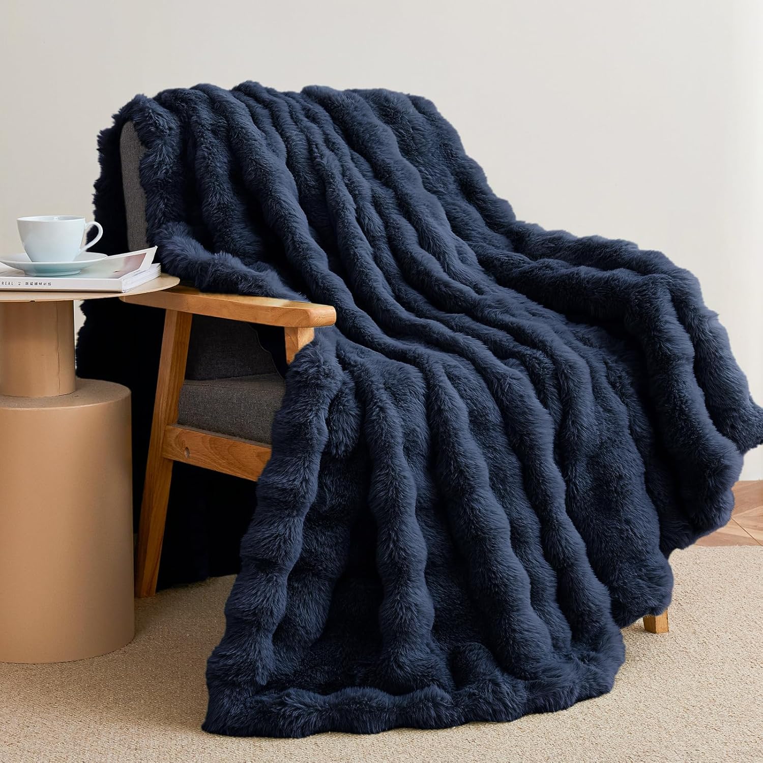 faux rabbit dorm throw blanket in navy